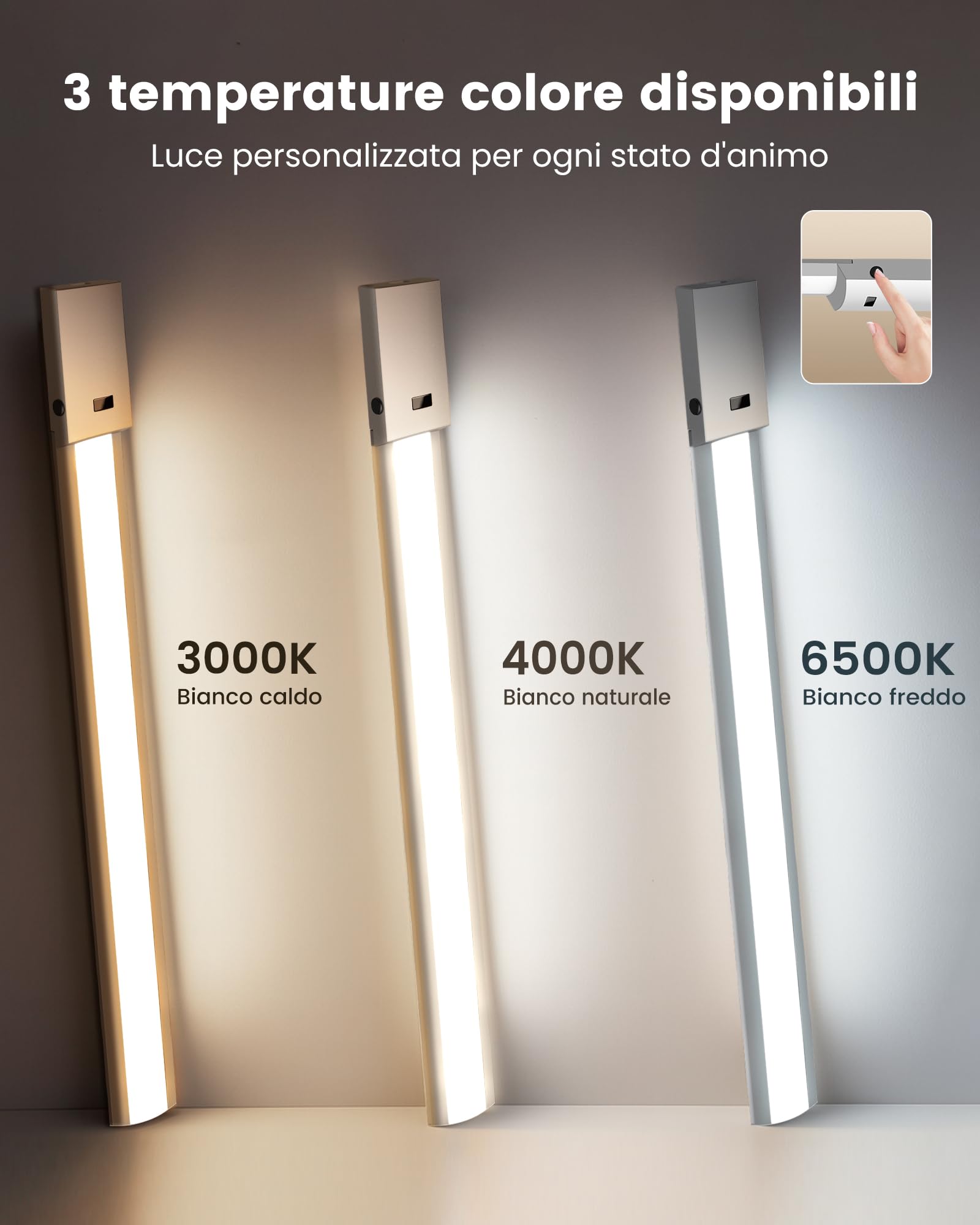 ALUSSO Luce per armadio da cucina LED dimmerabile, 60 cm, 10 W, 780 lm, 3 temperature di colore (3000/4000/6500 K) con sensore di movimento per armadio/guardaroba