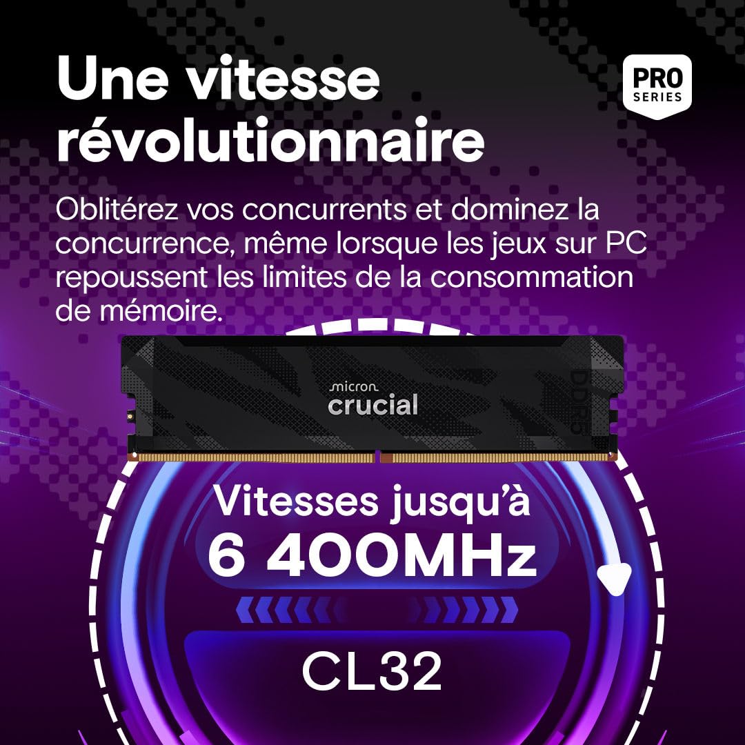 Crucial Pro RAM DDR5 32Go Kit (2x16Go) 6400MHz CL32, Overclocking Gaming, Mémoire pour Ordinateur de Bureau, Intel XMP 3.0 / AMD Expo, Noir - CP2K16G64C32U5B