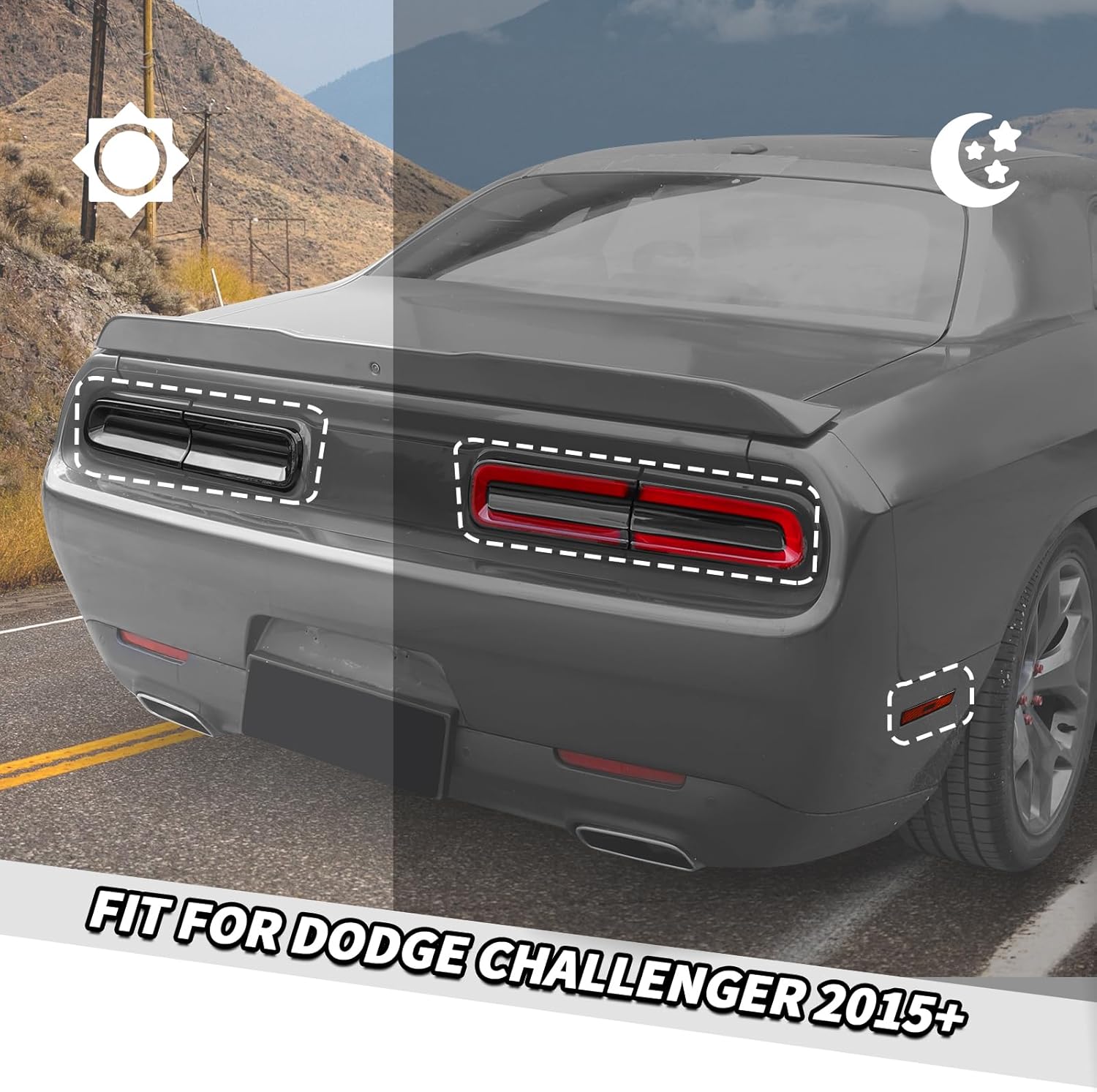 Jimen Fit for Dodge Challenger 2015-2023, 8PCS Tail Light Bezel Smoked Taillight Overlays & Side Marker Light Cover Trim Tint Kit