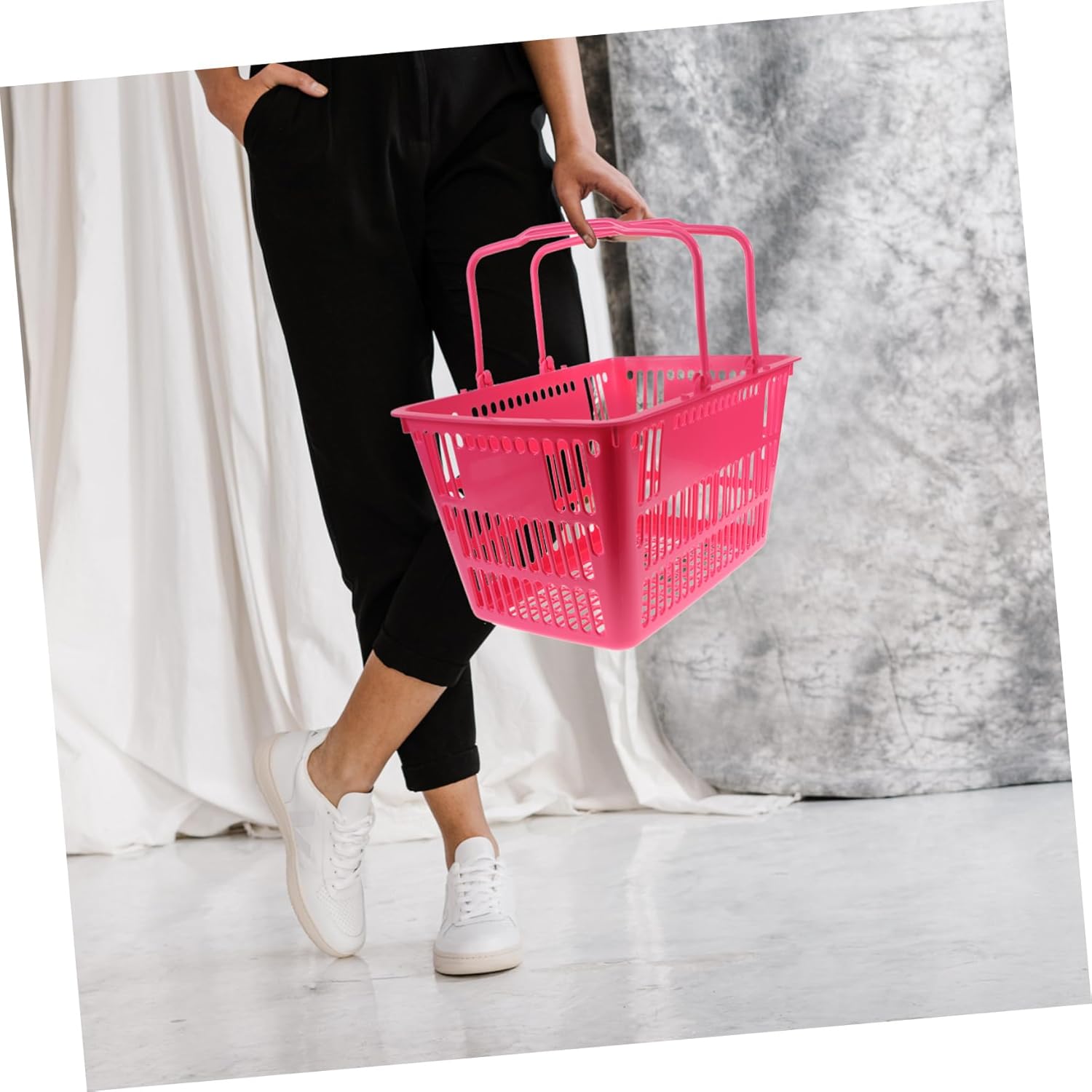 Zerodeko Large Thickened Shopping Basket with Ergonomic Handle Spacious Sundries Storage Container for Supermarkets Snack Shops Fruit Stores Commercial Grocery Organizer in Pink Medium