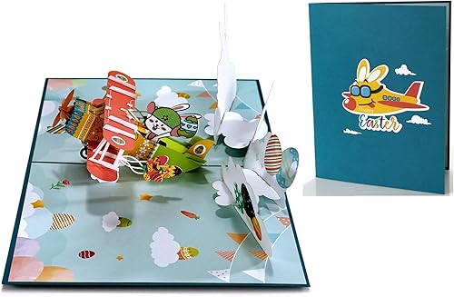 Tarjeta desplegable de Pascua 3D, conejito de Pascua en un avión, tarjeta de felicitación festiva, linda, divertida, tarjeta desplegable religiosa,
