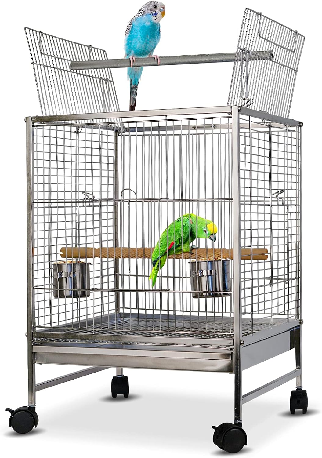 Lilithye Stainless Steel Small Bird Cage Open Top Standing Conure Bird Cage with Rolling Wheel Vision Bird Flight Cage for Parrot Parakeet Macaw Finch Cockatoo Pet Bird House : Pet Supplies