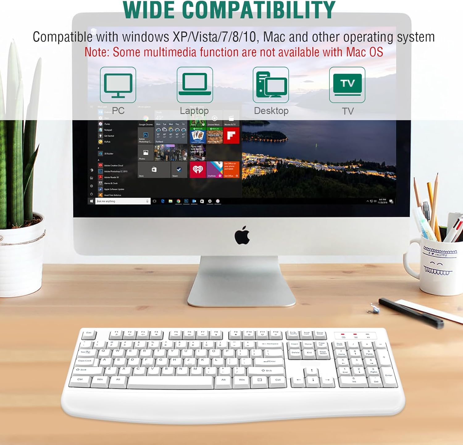 EDJO Wireless Keyboard, 2.4G Ergonomic Full Size Wireless Computer Keyboard with Wrist Rest for Windows, Mac OS Desktop/Laptop/PC White