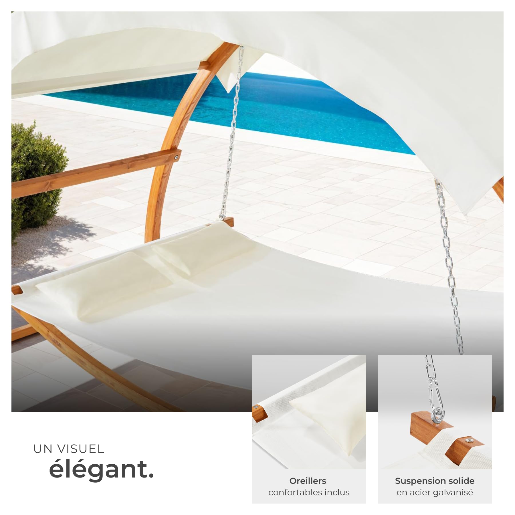 tectake® Hamac sur Pied XXL Hamac 2 Places Coton avec Toit & Support en Bois 328 x 160 x 172 cm, Supporte jusqu'à 250 kg, Couchage 202 x 138 cm, 2 Coussins Inclus pour Terrasse Exterieur Piscine