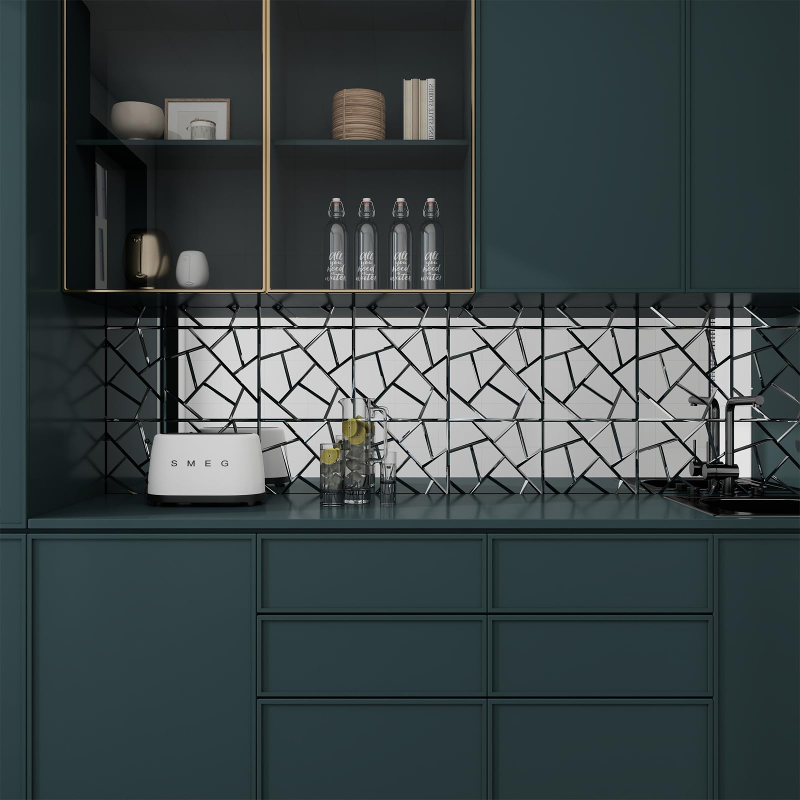 6 arkuszy geometrycznych lustrzanych do odklejenia i przyklejenia, mozaika ze szkła pozłacanego prawdziwego srebra 30 x 40 cm, błyszczące płytki ścienne w stylu art deco, do kuchni, toaletki i