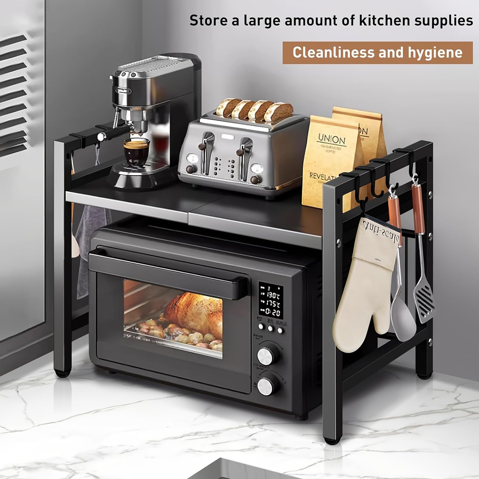 Étagère à Micro-Ondes Extensible à 2 Niveaux, Charge 30kg | Acier au Carbone, Extensible 40 à 64 cm, Porte-Baguettes et Porte-Planche à Découper, Adapté Cuisine, Bureau, Garage
