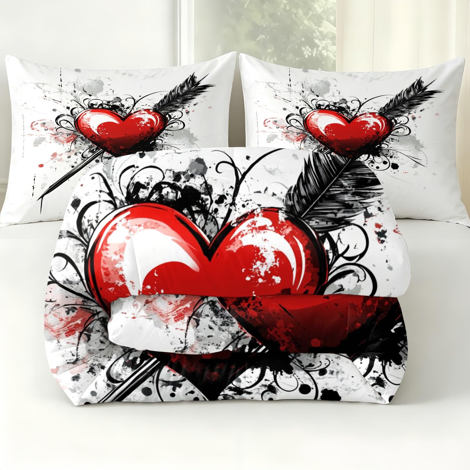 Edredón 200 x 200 cm Patrones Florales y de Plumas de Flecha Colcha Bouti Ligera Rojo Microfibra Suave, Cama 90/135/150, 4 Estaciones