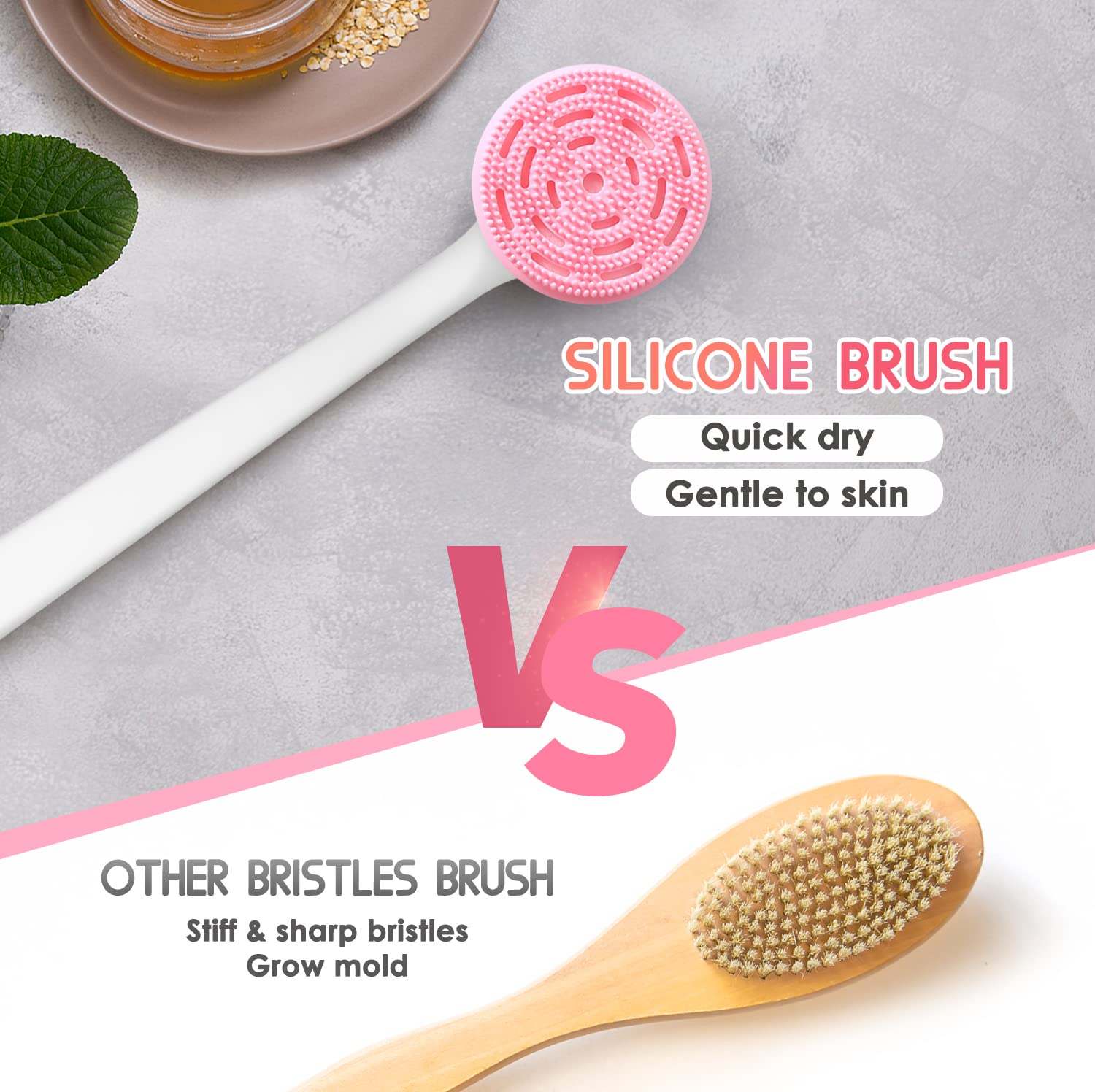 PINGKO Silicone Back Scrubber for Shower Bath Body Sponge Brush with Extra Long Non-Slip Handle Acne Exfoliating Brush with Soft Bristle for All Skin Back Cleaning Wash for Men Women (Light Pink)