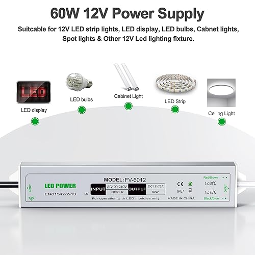 Miniatura 4 de Fuente de alimentación LED impermeable IP67 de 12 V 60 W, controlador LED de 12 V, 110 V CA a 12 V CC transformador de bajo voltaje adaptador de