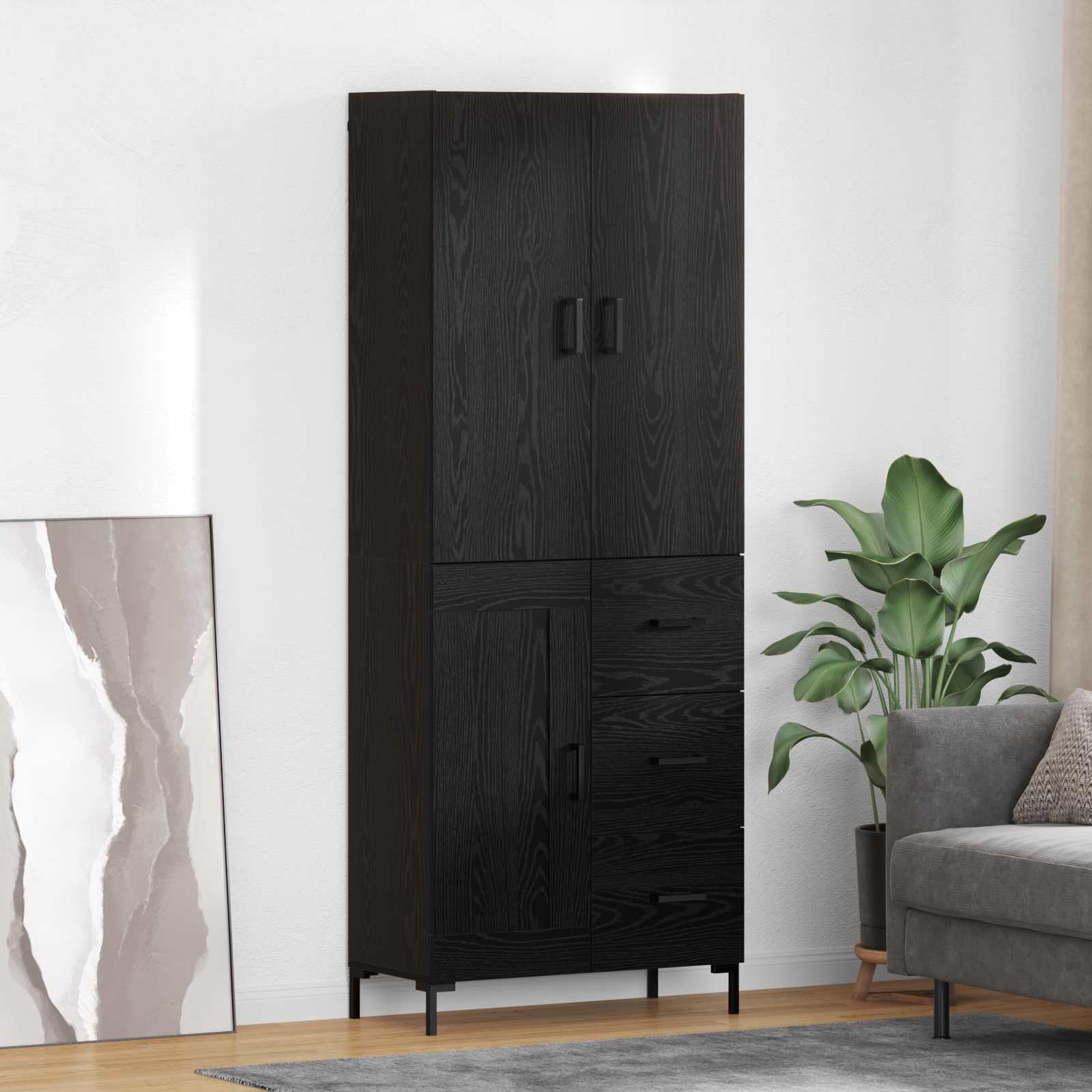 Meuble haut noir aspect chêne 69,5 x 34 x 180 cm avec tiroir, porte, espace de rangement, buffet, étagère pour salon, salle à manger, chambre à coucher, bureau