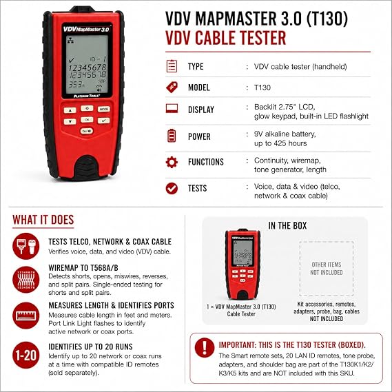 Platinum Tools T130 VDV MapMaster 3.0 Cable Tester, Wiremap Continuity Tone and Length for Cat5e Cat6 Cat6A Voice and Coax, Maps up to 20 Locations, Backlit Display
