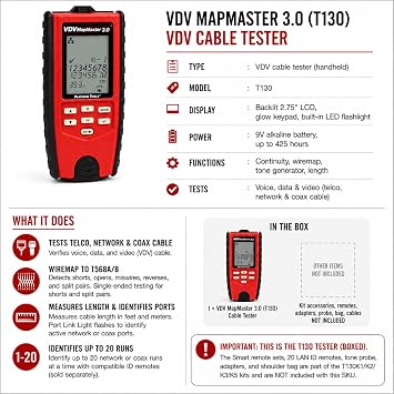 Platinum Tools T130 VDV MapMaster 3.0 Cable Tester, Wiremap Continuity Tone and Length for Cat5e Cat6 Cat6A Voice and Coax, Maps up to 20 Locations, Backlit Display