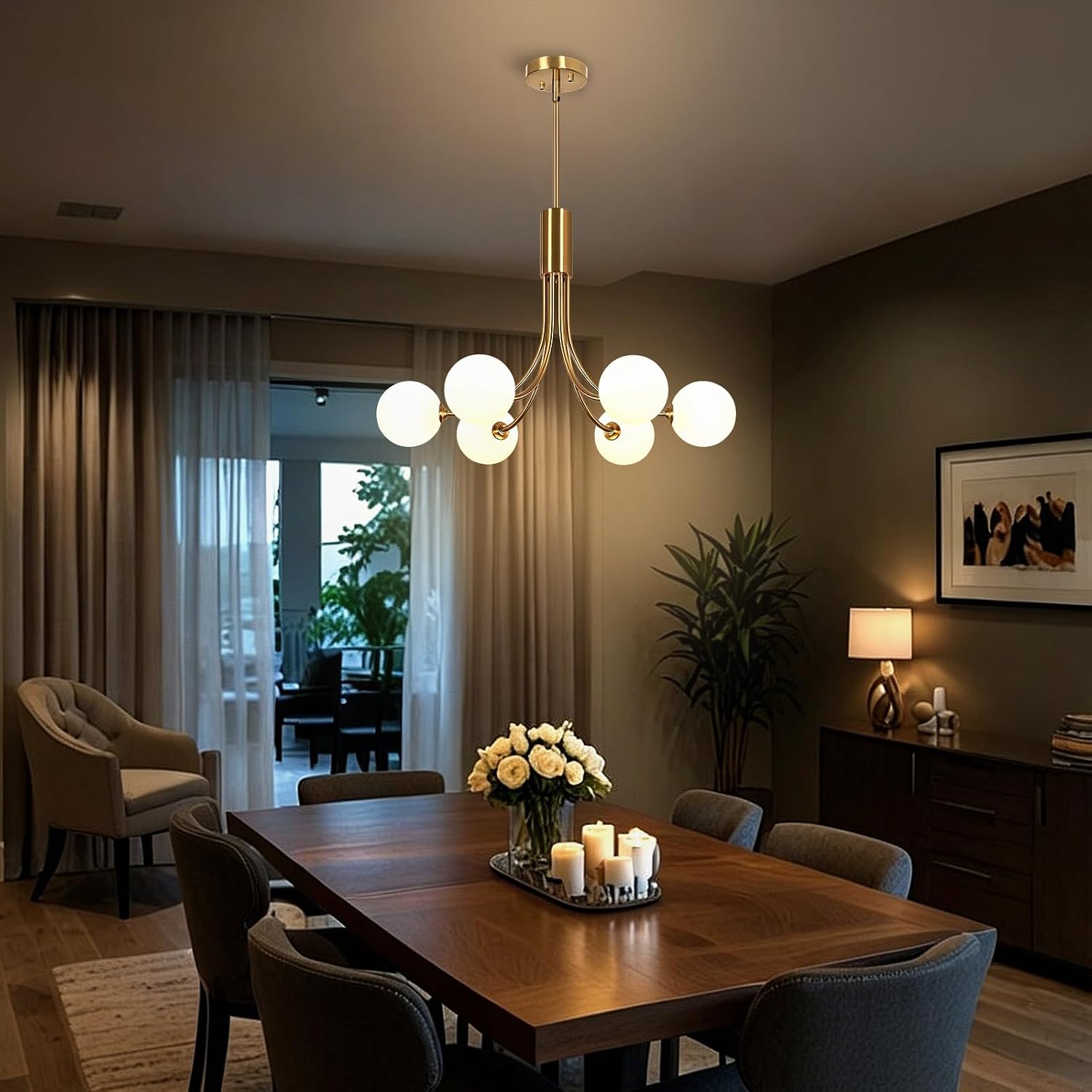 Gold Chandeliers Mid Century Modern Sputnik Chandelier 6-Light White Globe Glass Shade Dining Room Light Fixture Brass Chandelier High Ceiling for Kitchen Island Entryway Foyer Living Room