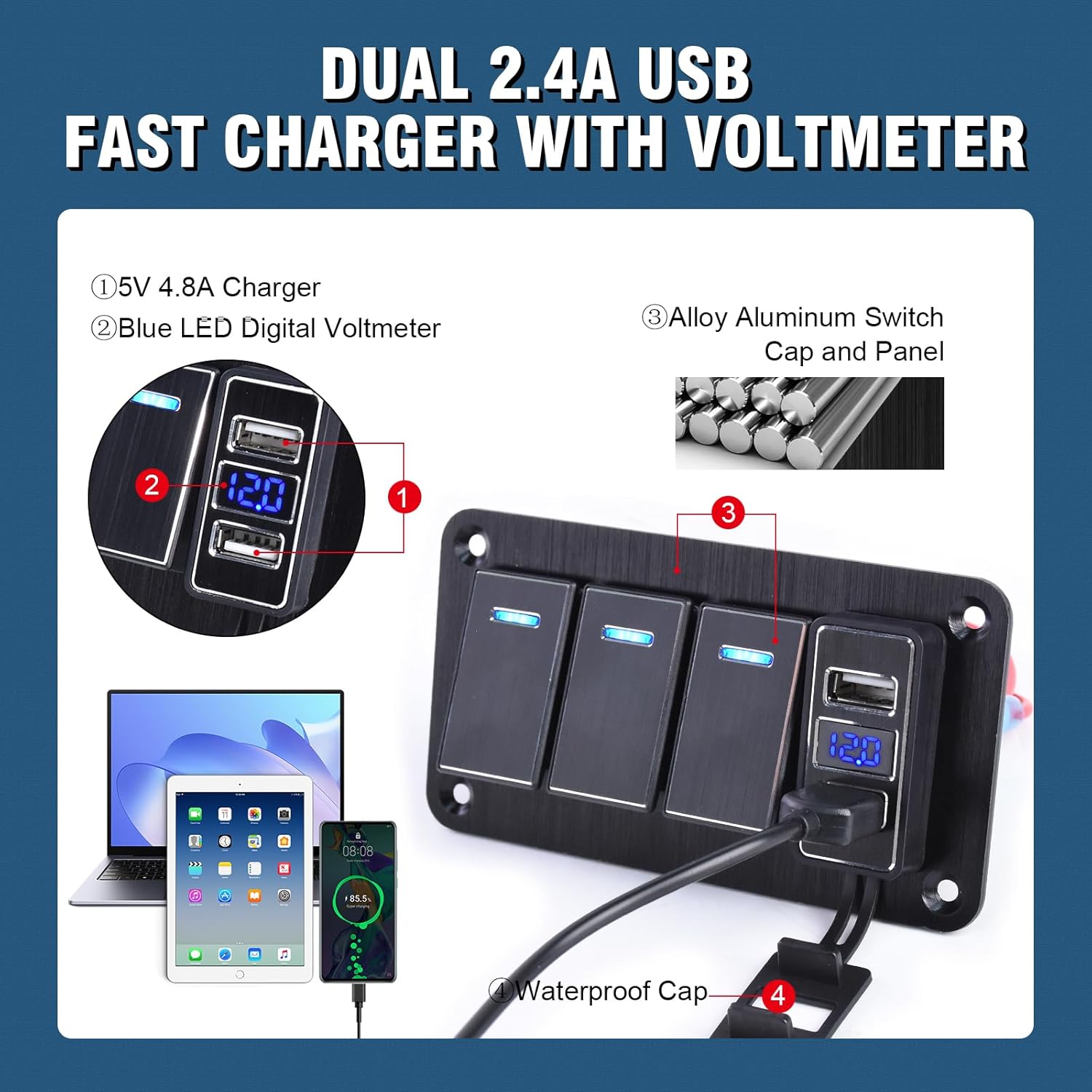 3 Gang Aluminum Rocker Switch Panel with 4.8 Amp Dual USB Charger Voltmeter Waterproof 12V 24V DC Rocker Switch with Night Glow Stickers for Cars Trucks Boats RVs