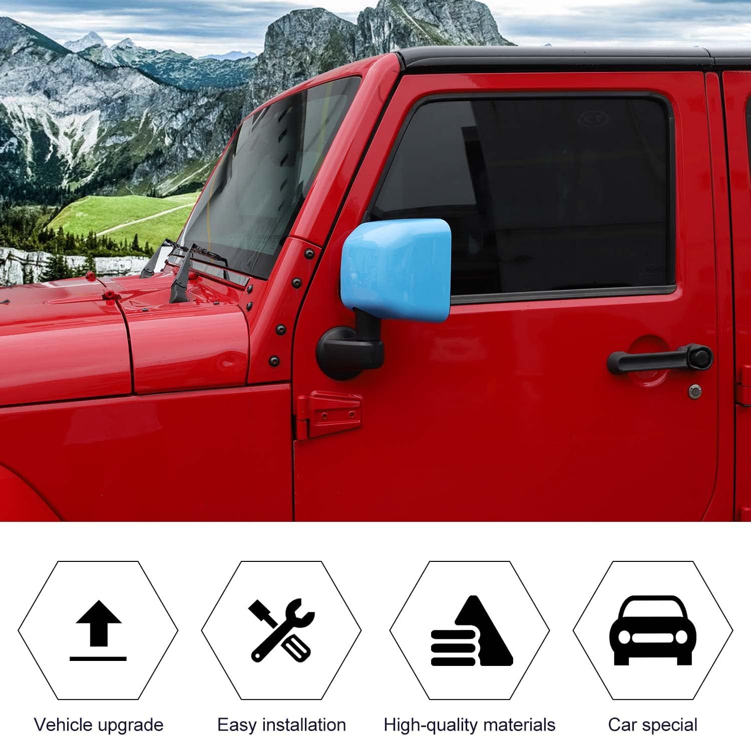 Rearview Mirror Cover Trim Shell Kit Car Rear View Mirror Exterior Decoration Accessories for Jeep Wrangler JK JKU 2007-2017,Light blue