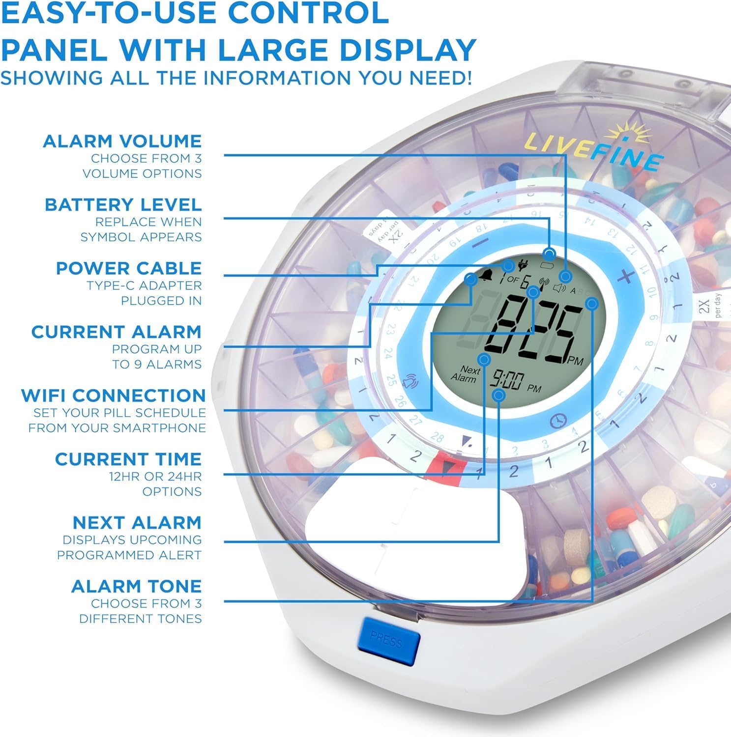 LiveFine WiFi Automatic Pill Dispenser and Remote Medication Monitoring System with Locking Key, 28-Day Medication Organizer Up To 9 Doses Per, Adjustable Light/Sound Alarms For Prescriptions & Vitami