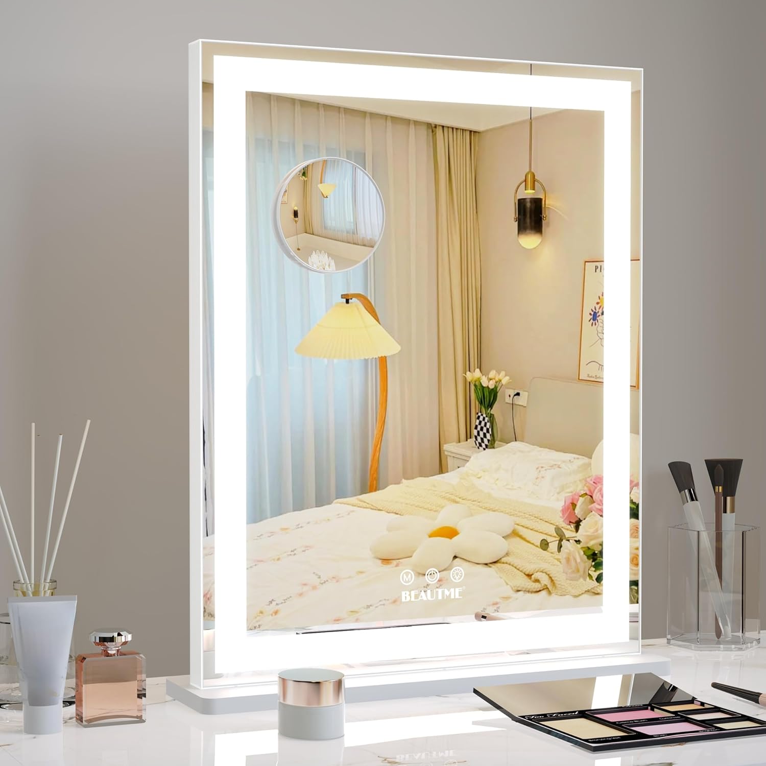 BEAUTME Vanity Mirror 16x19.5 Inch,Makeup Mirror with Lights,Hollywood Mirror,LED Mirror for Bedroom,Aluminium Frame,Tabletop/Wall Mount,Horizontal/Vertical,White