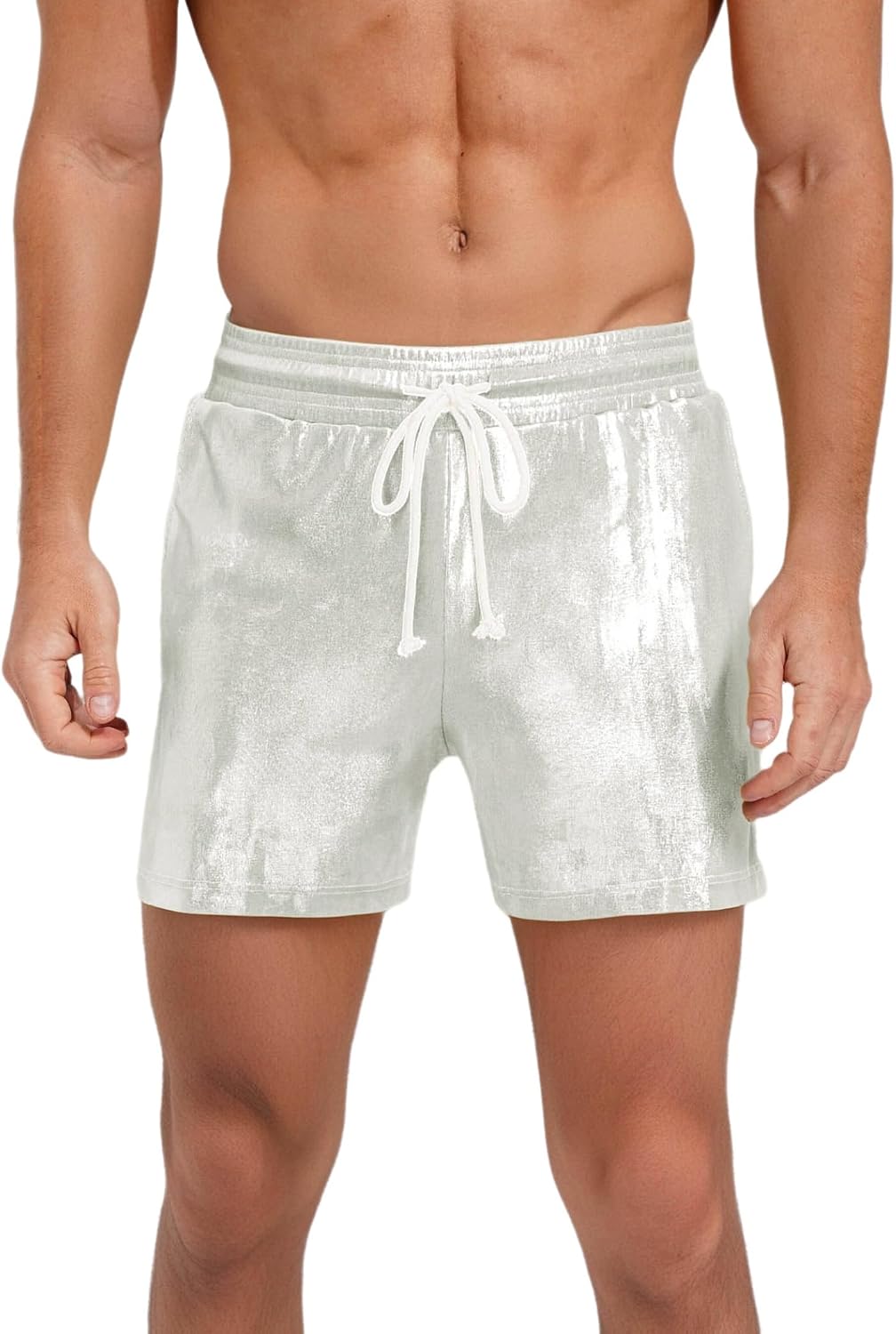 Vxuxlje Mens Shiny Metallic Board Shorts Shimmering Drawstring Elastic Waistband Rave Dance Shorts