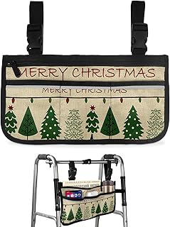Christmas Retro Wheelchair Side Bag Walker Bag, Xmas Tree Merry Christmas Wheelchair Accessories Armrest Pouch, Organizer Storage Bag for Walkers, Rollators, Scooters, 7.3'x13'