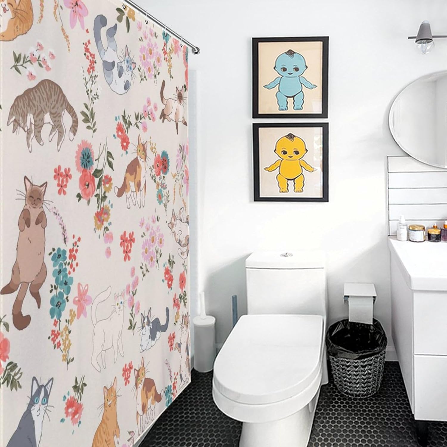 Cat Shower Curtain, Farmhouse Watercolor Floral Cute Cat Wildflower Lovely Kawaii Kitten Lovers Aesthetic Boho Beige Waterproof Fabric Bathroom Shower Curtain Set with Hooks, 72"x84" Inch
