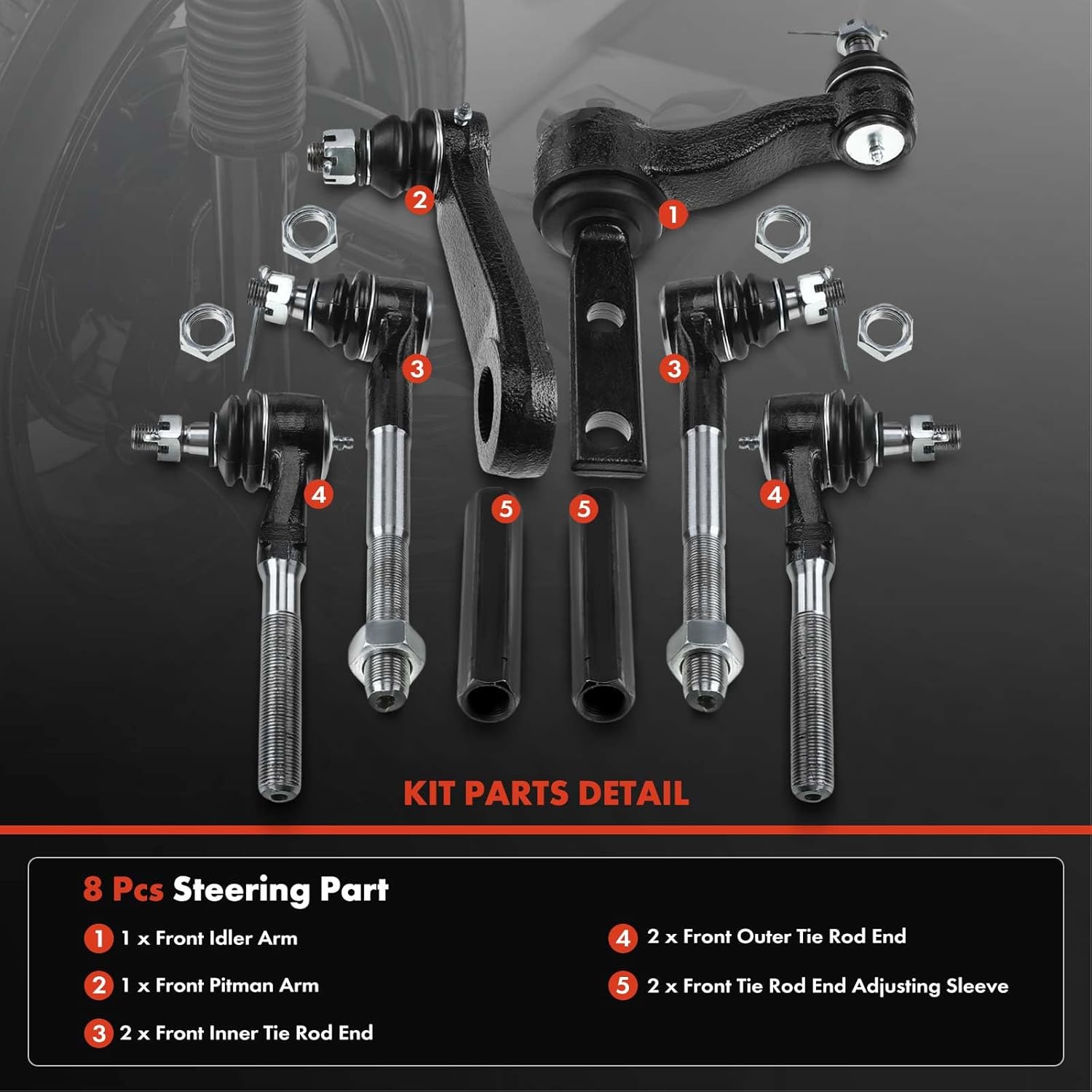 A-Premium Set of 8, Front Inner Outer Tie Rod End, Pitman Arm, Idler Arm, Compatible with Ford F-150 1997-2003, F-150 Heritage 2004, F-250 1997-1999, Expedition, Lincoln Navigator, Blackwood