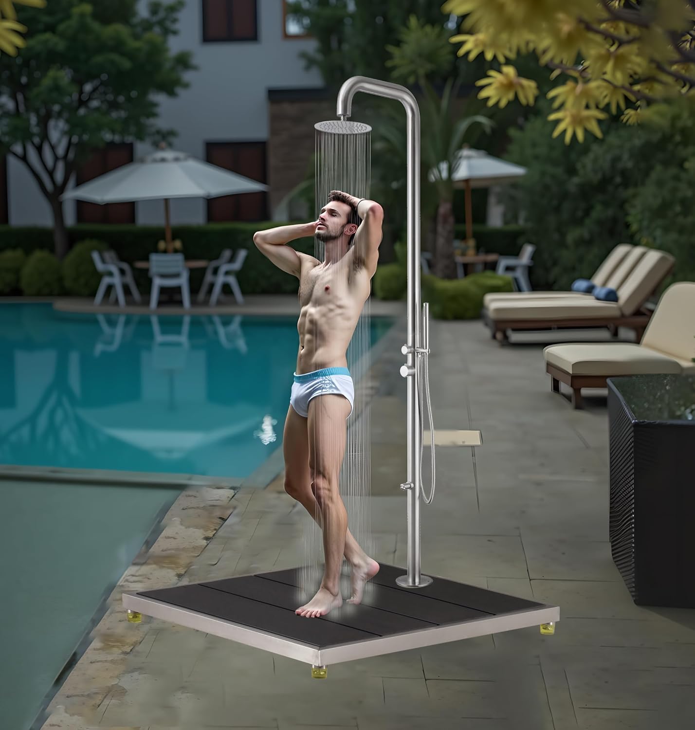 Wayime 91" Separable&Composable Free-Standing Brushed Stainless Steel 304 Rainfall Outdoor Shower with 33 * 30" Stainless Steel Frame Dark Grey Plastic Wood Stand
