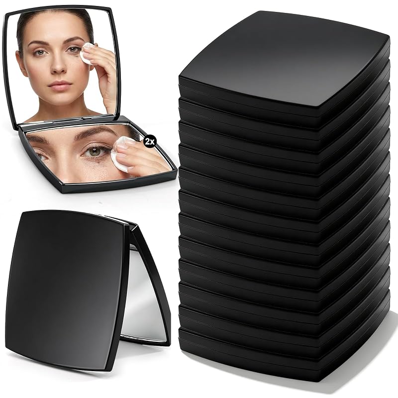 ZOOFOX Espelho compacto dobrável dupla face 1X/2X para maquiagem, preto, pacote com 12