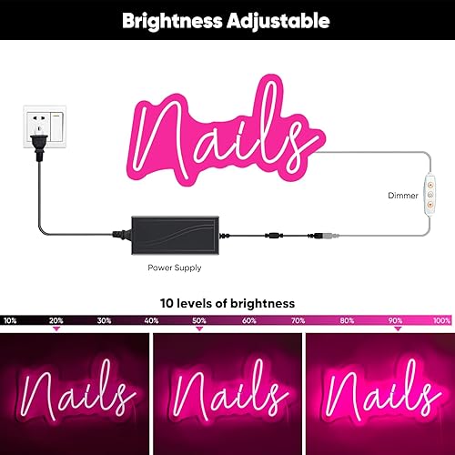 Miniatura 5 de KANAYA Letrero de neón de uñas de 23 pulgadas, decoración de salón de uñas rosa, luz de neón LED, letrero de negocios regulable, decoración de pared