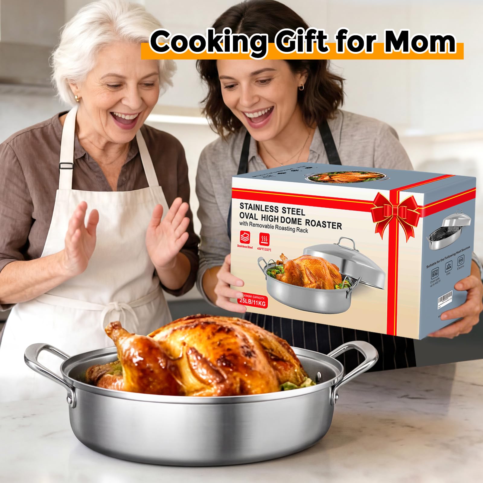 Sartén grande para asar con estante y tapa, regalos para mamá, mujer, esposa, tostadora ovalada grande de acero inoxidable, utensilios de cocina antiadherentes para pollo y pavo, 21 pulgadas