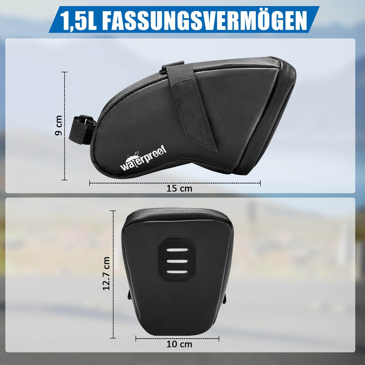 WOTOW Fahrrad Satteltasche - wasserdichte Satteltasche Rennrad klein, Fahrradtasche Sattel mit wasserdichtem Reißverschluss und Rücklichthaken für Outdoor MTB Rennrad, etc Lagerung(1,5 L)
