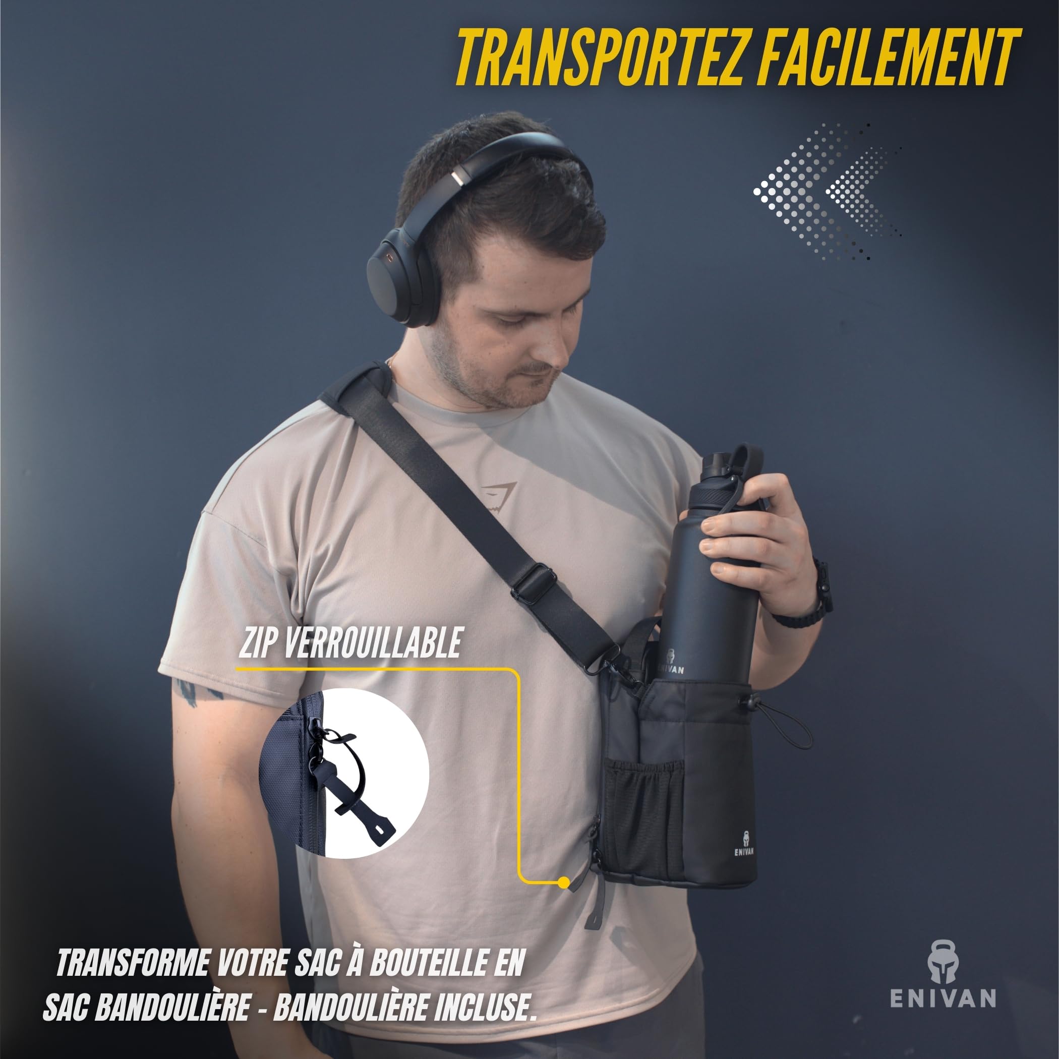 Sac Magnétique Sport avec Fixation Aimantée, Porte Bouteille et Gourde 1,5L, Porte Téléphone, Bandoulière Homme Femme, Mousqueton Clés, Sac Banane Gym, Musculation, Noir