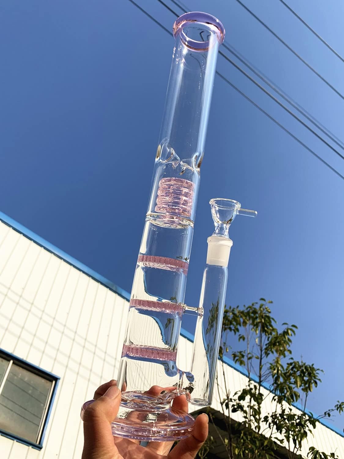 Sunshine Glass Straight Glass Bongs Height 17in Three Layers Percolator Birdcage (Pink)