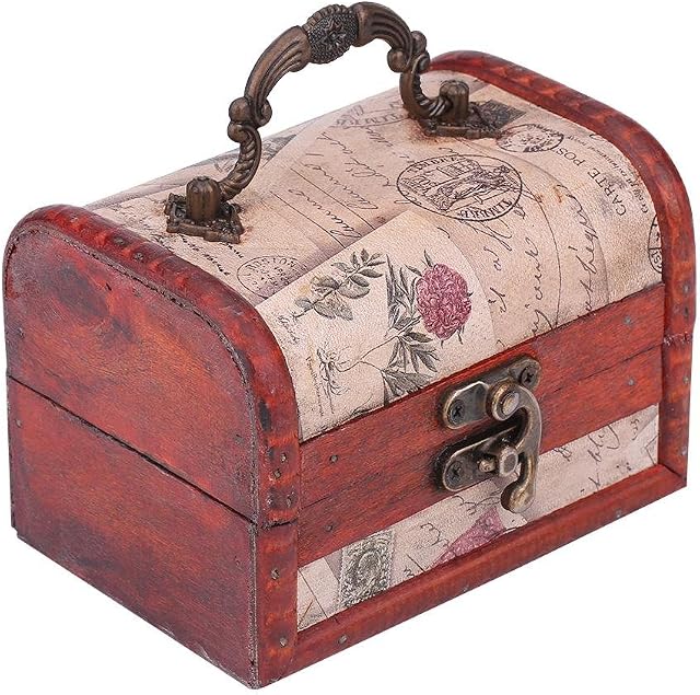 Filfeel Wooden Jewellery Box Storage Chest, Wood Vintage Pearl Necklace Bracelet Gift Holder Organizer Classical Handmade Retro European Wooden Case Old Memory