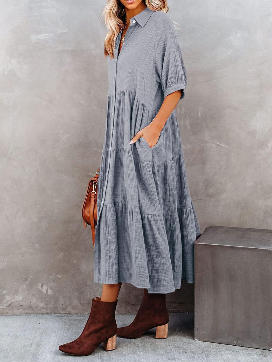 R.Vivimos Women's Summer Cotton Half Sleeves Button Down Casual Loose Slit Midi Dress with Pockets - Image 2