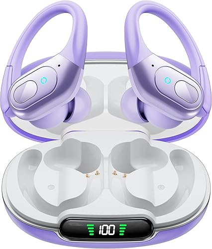 occiam Active Noise Cancelling Earbuds Wireless Bluetooth Headphones Ear Buds 90Hrs Playback Stereo Bass Earphones with Mic Over-Ear Hooks IPX7 Waterproof Headset for Work Sports Running Gym Purple