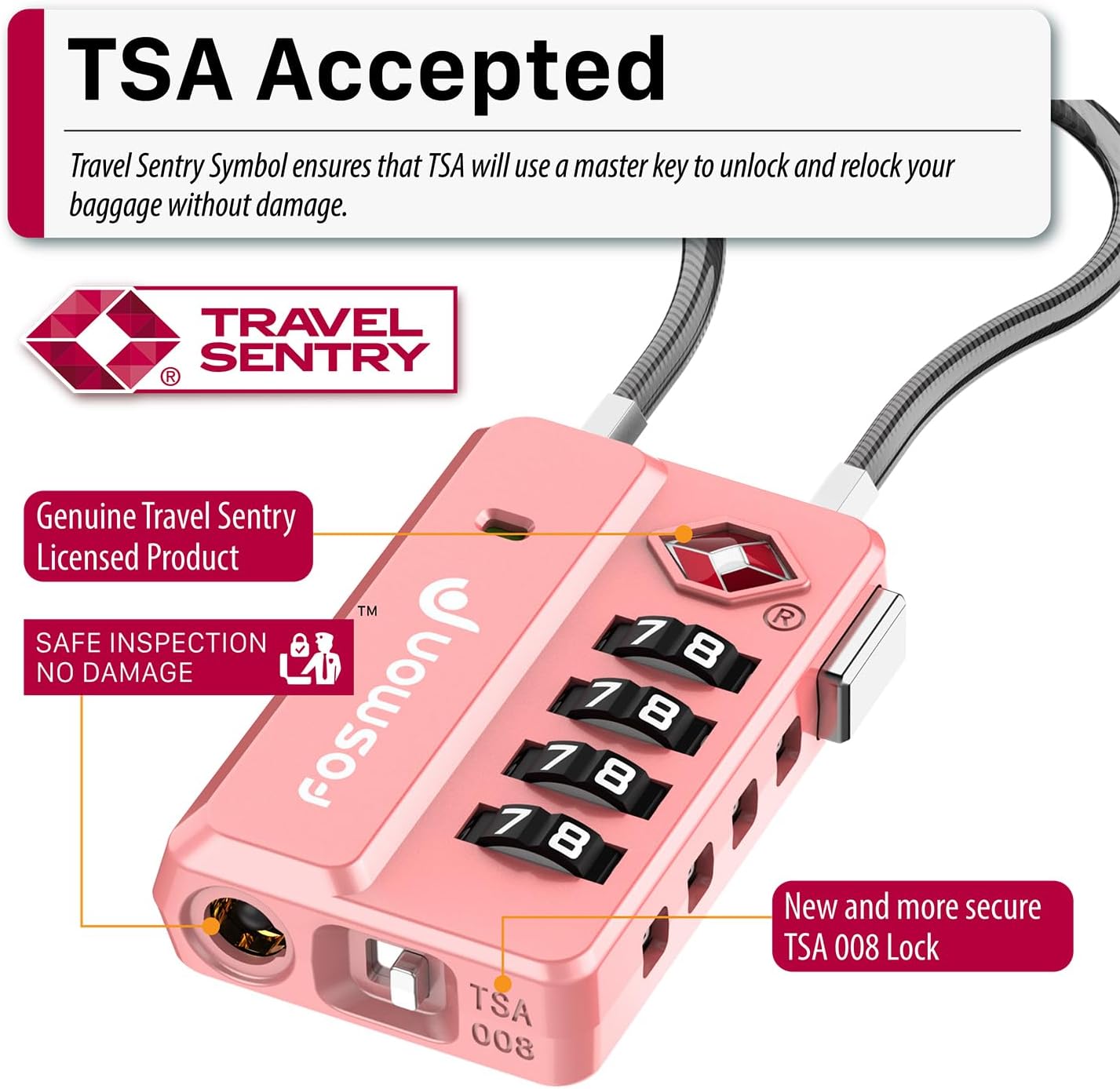 Fosmon TSA Approved Luggage Locks, 4 Digit Combination Cable Travel Lock for Suitcase & Backpack, Heavy Duty Metal Body Padlock with Open Alert Indicator (Pink, 2 Pack) image 2