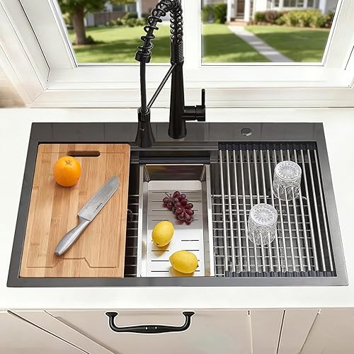 Miniatura 107 de SHACO Fregadero de cocina negro de 21 pulgadas, 21 x 20 pulgadas, montaje superior negro plomizo de acero inoxidable calibre 16, estación de trabajo