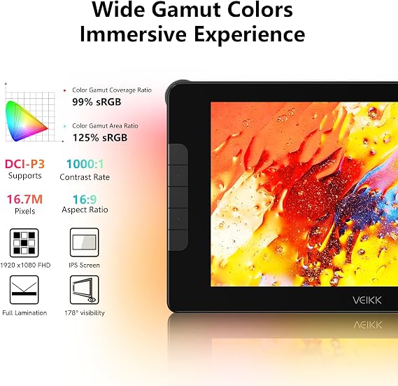 VEIKK Studio 16 Drawing Tablet with Screen, 15.6 Inch Pen Display Full-Laminated Anti-Glare Glass (125% sRGB),16384 Pressure Battery-Free Pen (2 Pcs), 5 Shortcut Keys and Quick Dial, Adjustable Stand