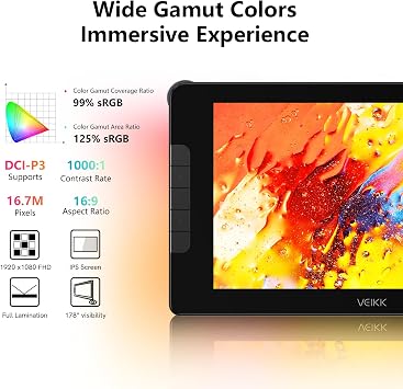 VEIKK Studio 16 Drawing Tablet with Screen, 15.6 Inch Pen Display Full-Laminated Anti-Glare Glass (125% sRGB),16384 Pressure Battery-Free Pen (2 Pcs), 5 Shortcut Keys and Quick Dial, Adjustable Stand