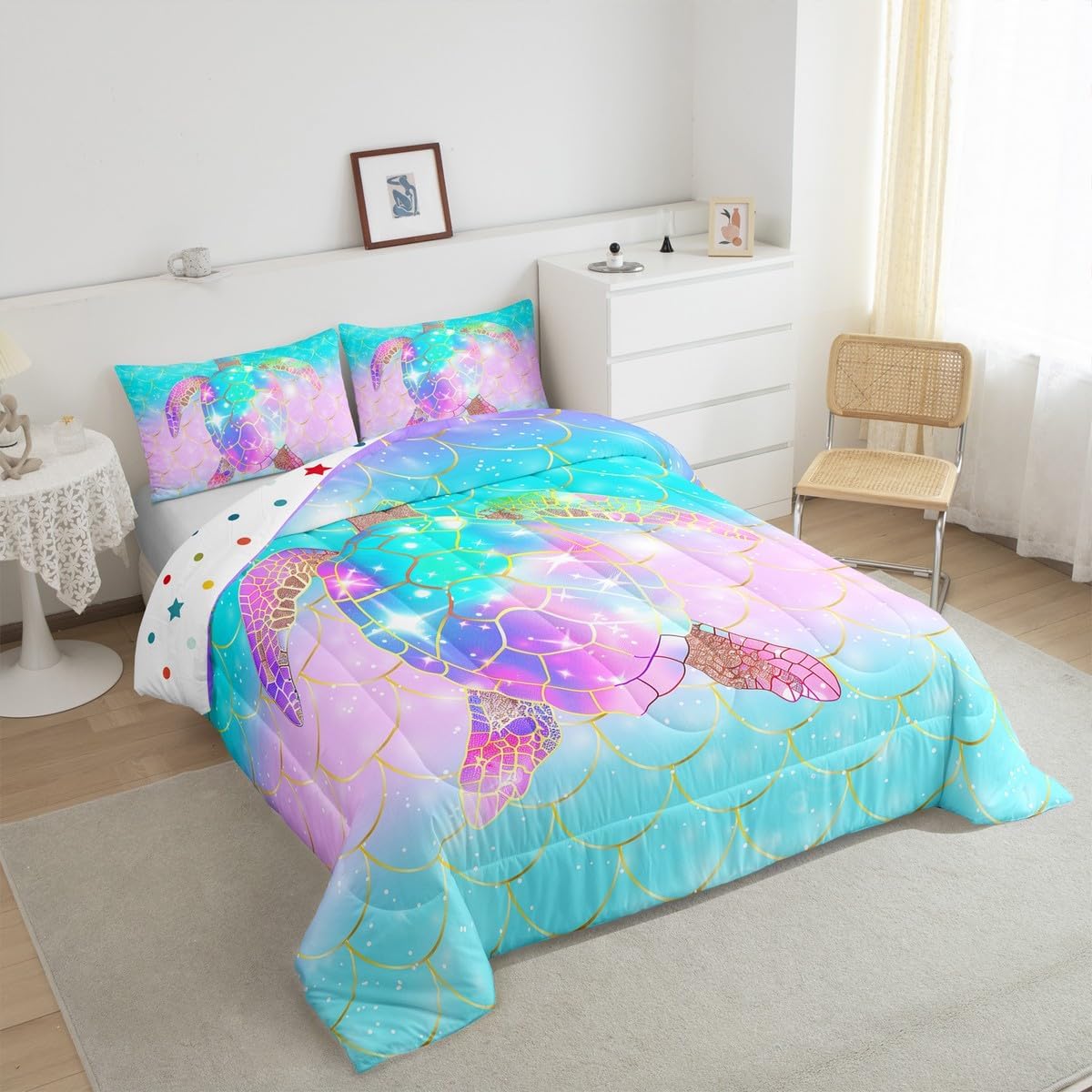 Erosebridal Mermaid Scales Comforter Set for Girls, Tortoise Reptile Bedding Set Full Size, Sea Turtle Ocean Life Duvet Sets for Kids Children Boys Women, Sweet Girly Down Comforter, Teal Blue