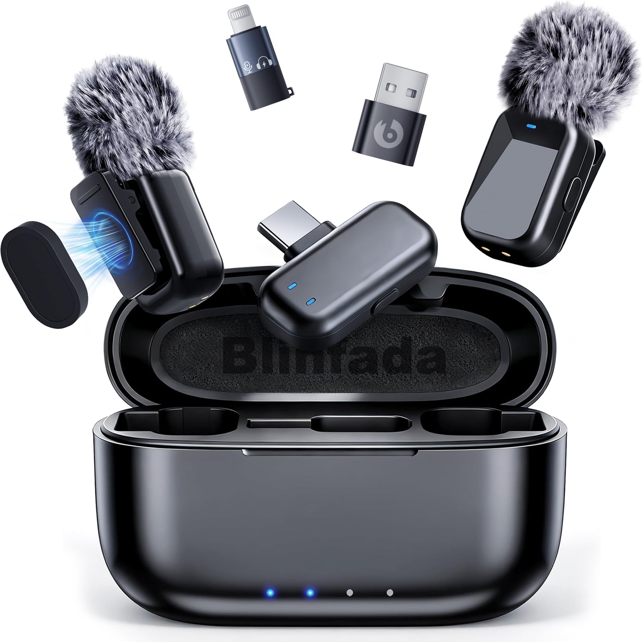Mini Wireless Lavalier Microphone for iPhone Android Camera, Dual Channel Wireless Microphones with AI Noise Cancellation, 328ft Range, 36H Battery Case, Type-C, Lightning & USB Plug & Play Black Standard Kit