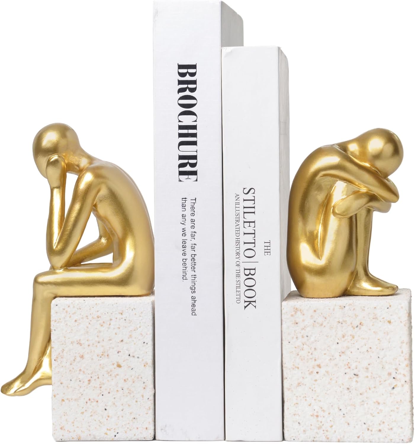 Decorative Bookends for Shelves,Resin Gold Book Ends,Unique Thinker Statue, Book Stopper for Desktop Ornaments,Non-Slip Book Holder,Modern Home Office Bookshelf Decor