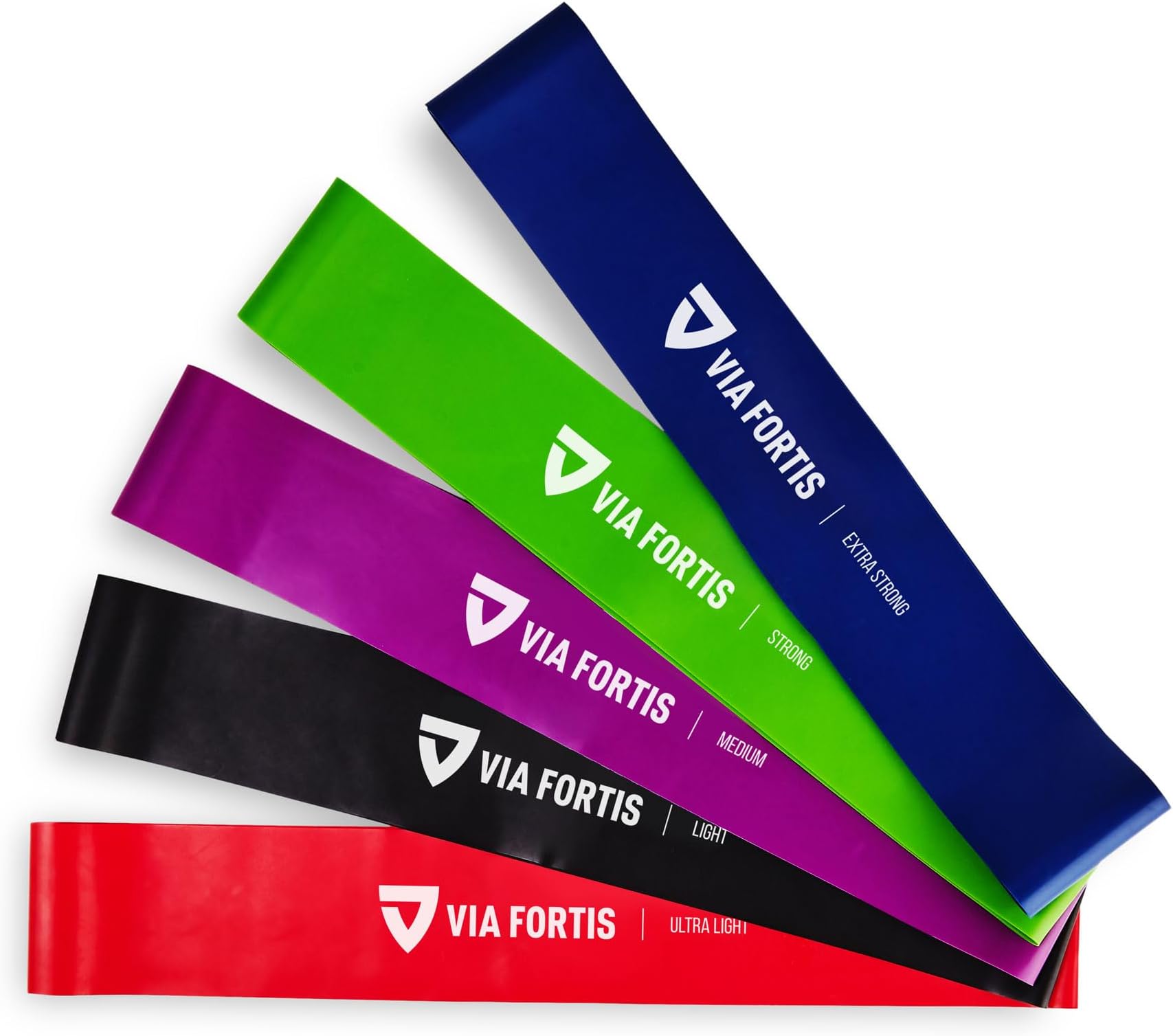 VIA FORTIS Resistance Band Set (x5) Robust Exercise Rubber Bands for Training, Home and Gym Workout, Calisthenics, Fitness, Stretching, Yoga and Pilates | 5 Resistance Levels | Carry Bag Included