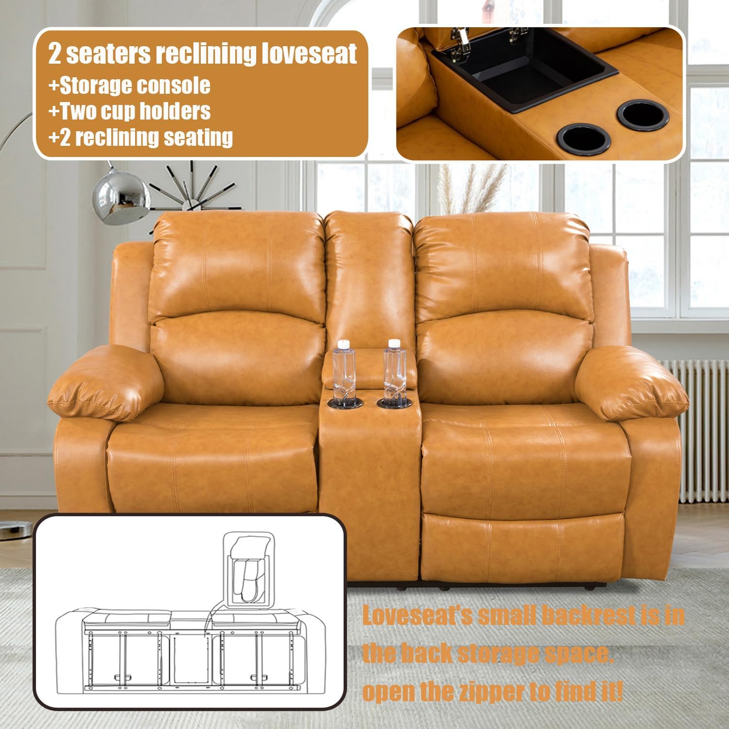 Manual Leather Recliner Sofa Set for Living Room Furniture Sets,Reclining Couch Set, Leather Couch Set for Living Room/Lounge/Club/Apartment(Ginger,Sofa+Loveseat+Chair)