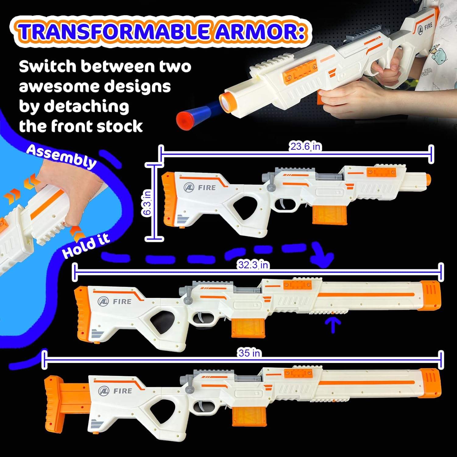 AGM MASTECH Transforming Armor Toy Gun, Detachable Front Stock, Adjustable Rear Stock, Shell-Ejecting Design, 40 Foam Darts, 12 Shells, 2 Magazines, White & Orange