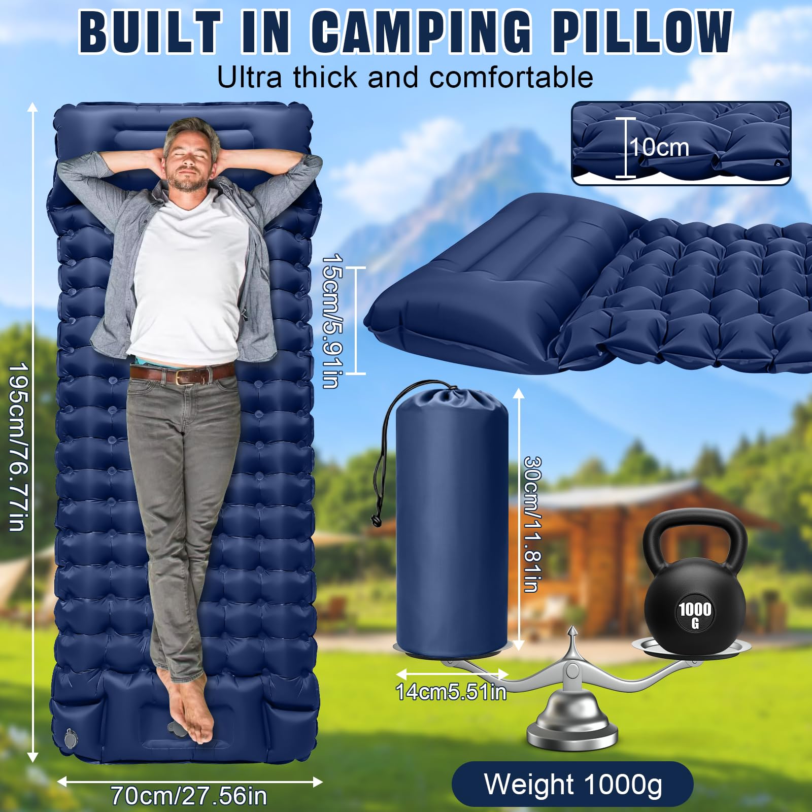 Materassino Campeggio Autogonfiante, Addensato Materassino Gonfiabile Singolo con Built-in Pompa Piede e Cuscino per Campeggio,Outdoor,Spiaggia,Escursionismo,Portatile Materassino Autogonfiante - 2