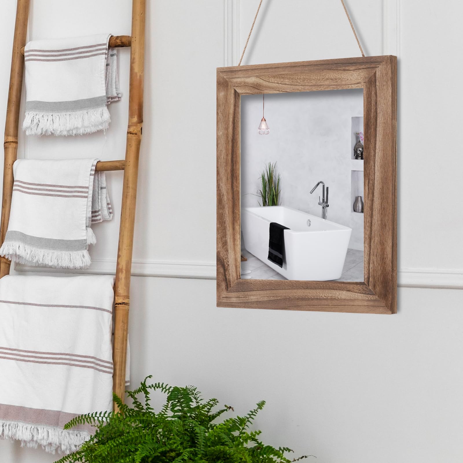 Muzilife Espejo de pared de madera maciza de 40 x 50 cm, espejo rectangular con marco de madera para dormitorio, baño, salón, pasillo, con cuerda de lino, color marrón
