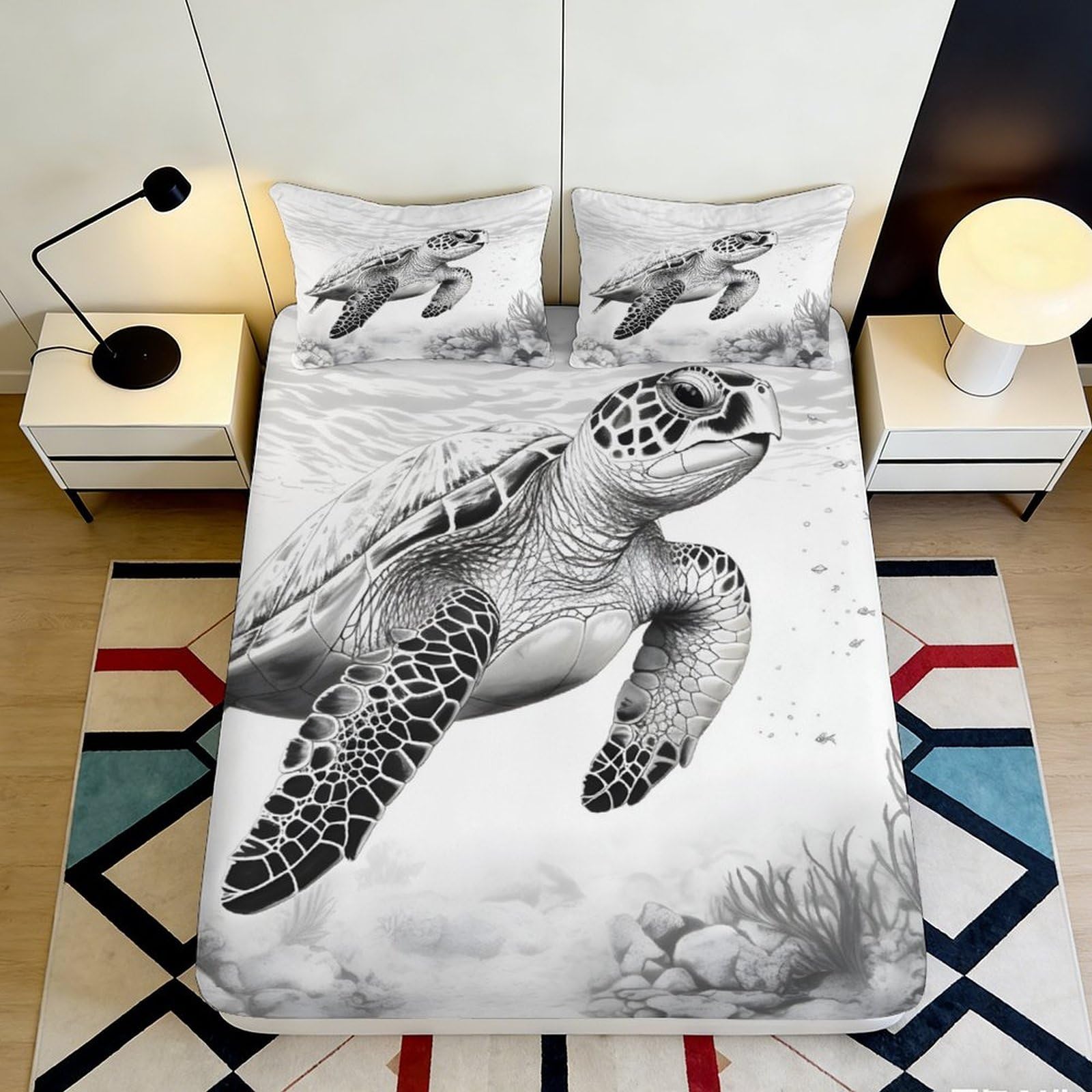 3D Printed Sea Turtle Ocean Fitted Sheet Microfiber Soft Breathable Underwater Reef Mattress Cover for Bedroom Dorm Decor 140x200x25cm