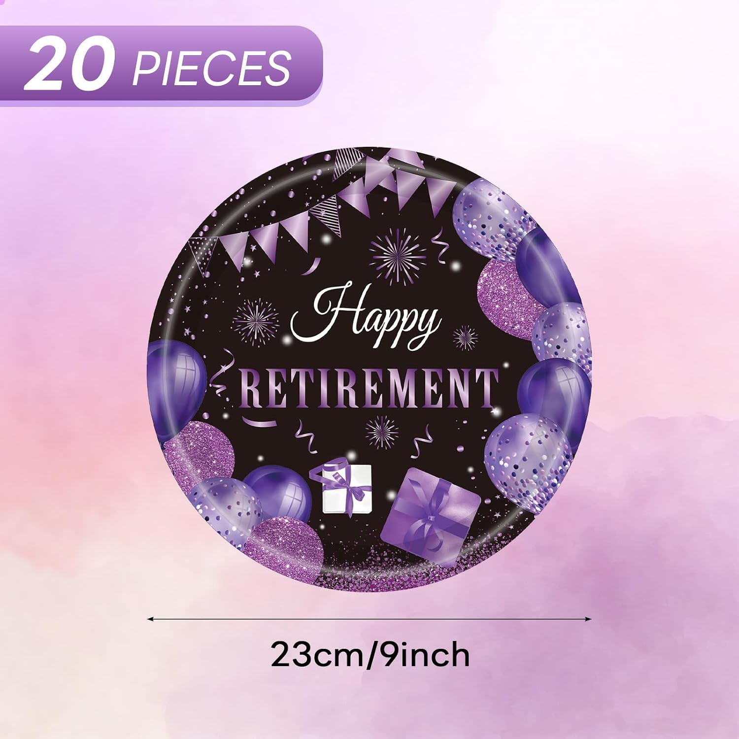 20Pcs Retirement Plates Black Purple 9 Inch Happy Retired Large Paper Plates Farewell Retired Themed Party Tableware Disposable Plate Set, for Office Farewell Retirement Party Decorations image 2