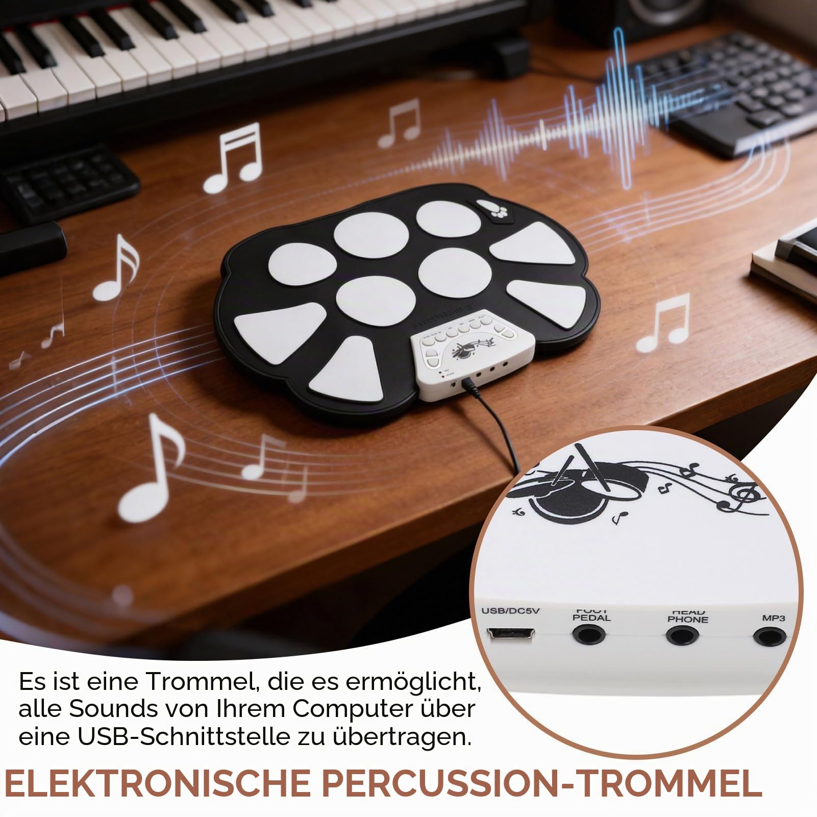 Schlagzeug Elektronisch, 15,4x11 Zoll E-Drum-Sets Aufrollbar Elektronisches Schlagzeug für Erwachsene Studenten Anfänger, 9 Pads Tragbares Roll-up E-Drum Kit mit Schlagzeugstock Fußpedal USB-Kabel